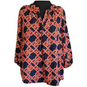 Crown & Ivy Black & Orange Top Blouse Tunic Petite Large 3/4 Puff Sleeves